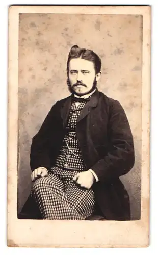 Fotografie Friedrich Frohse, Salzwedel, Portrait Herr im karierten Anzug mit Tolle und Kinnbart