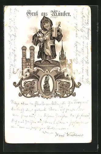 Vorläufer-Lithographie Münchner Kindl mit Radi und Bierkrug, 1895