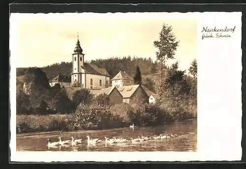 AK Nankendorf, Uferpartie mit Kirche