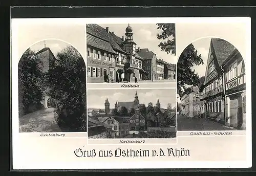 AK Ostheim v. d. Rhön, Gasthaus-Schwan, Rathaus, Kirchenburg