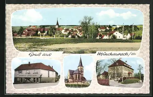 AK Münchaurach, Bäckerei, Kirche, Ortsansicht