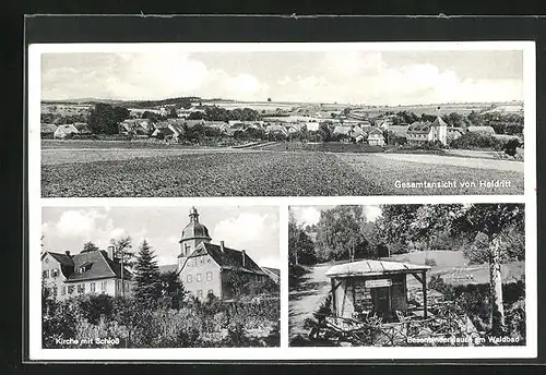 AK Heldritt, Kirche mit Schloss, Besenbinderklause am Waldbad, Ortsansicht