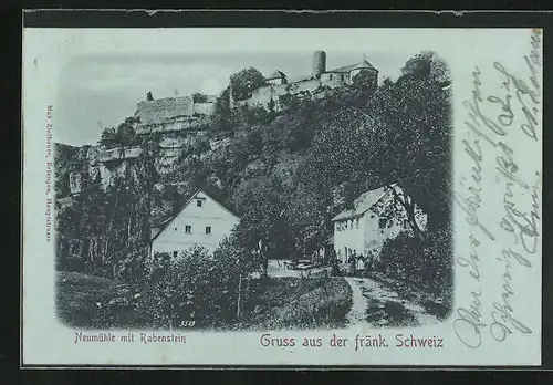 Mondschein-AK Neumühle, Ortsansicht mit Rabenstein