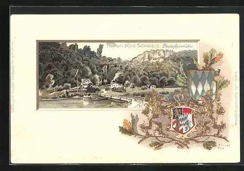 Passepartout-Lithographie Gössweinstein, Gasthaus Stempfermühle, Wappen