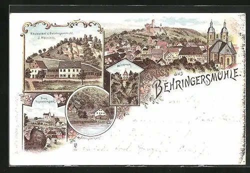Lithographie Behringersmühle, Restaurant im Ort von J. Heinlein, Burg Gössweinstein, Stempfermühle