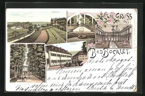 Lithographie Bad Bocklet, Kurhotel, Kurgarten, Stahl-Quelle