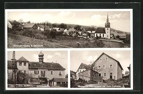 AK Emtmannsberg /Bayreuth, Schlossansicht, Bäckerei u. Kolonialwaren von Hans Freiberger