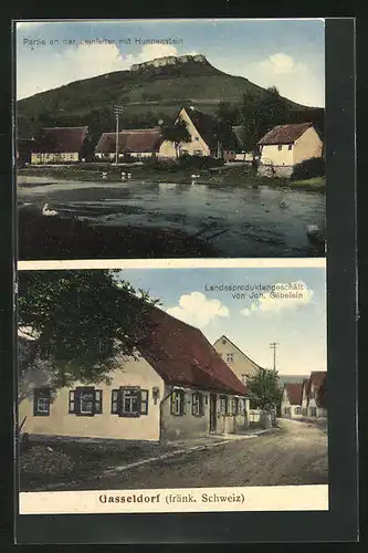 AK Gasseldorf /Fränk. Schweiz, Landesproduktengeschäft, Partie an der Leinleiter mit Hunnenstein