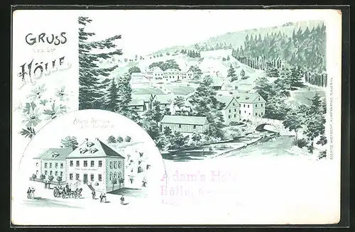 Lithographie Hölle, Adams Hotel und Gasthaus zum Höllenthal, Ortsansicht