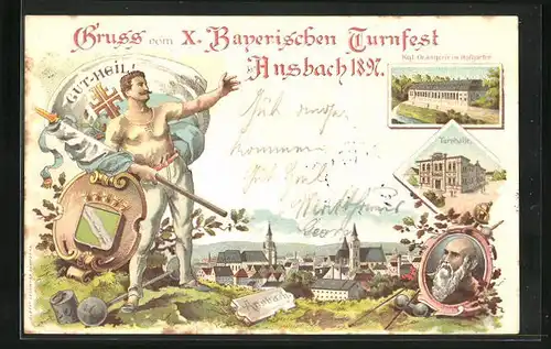 Lithographie Ansbach, X. Bayerisches Turnfest 1897, Turnhalle, Kgl. Orangerie