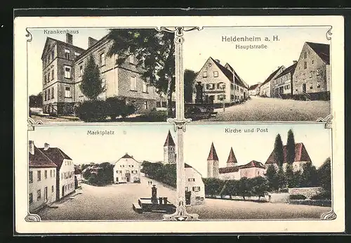 AK Heidenheim a. H., Krankenhaus, Marktplatz, Kirche und Post