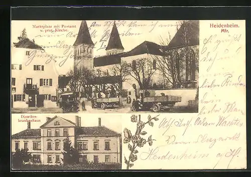 AK Heidenheim /Mfr., Marktplatz mit Postamt u. prot. Kirche, Distriktskrankenhaus