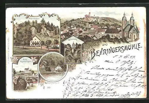 Lithographie Behringersmühle, Stempfermühle, Burg Gössweinstein, Ortsansicht