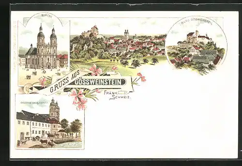 Lithographie Gössweinstein, Gasthaus von Gg. Distler, Kirche, Burg im Ort