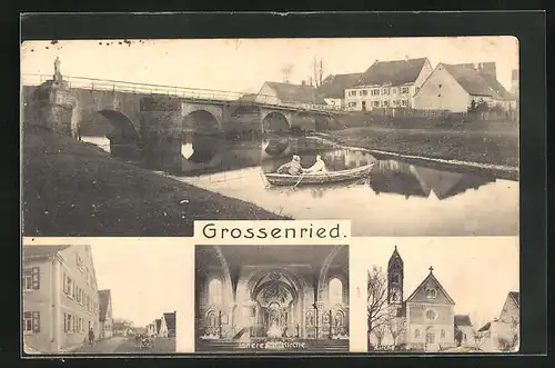 AK Grossenried, Strassenpartie, Inneres der Kirche, Kirche, Brücke