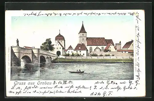 Goldfenster-AK Ornbau, Partie an der Brücke über die Altmühl mit Blick zur Kirche