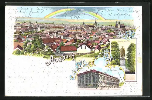 Lithographie Ansbach, Kgl. Schloss, Denkmal Graf von Platen, Gesamtansicht mit Regenbogen