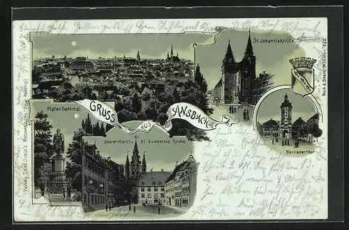 Mondschein-Lithographie Oberer Markt mit St. Gumbertus Kirche, Herriederthor, St. Johanniskirche, Platen Denkmal
