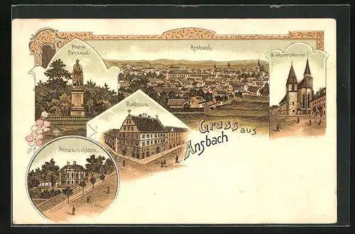 Lithographie Ansbach, Rathaus, Prinzenschloss, St. Johanniskirche, Platen Denkmal