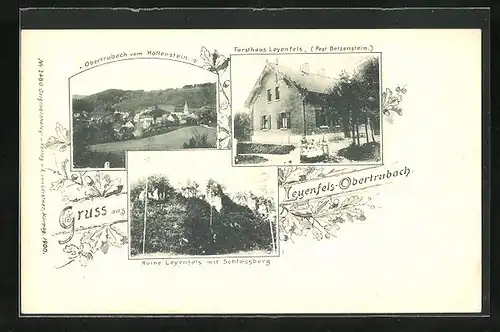 AK Leyenfels-Obertrubach, Forsthaus Leyenfels, Ruine Leyenfels, Blick auf Obertrubach vom Höllenstein