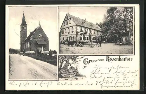 AK Rosenhammer / Weidenberg, Partie am Gasthaus, Kirche