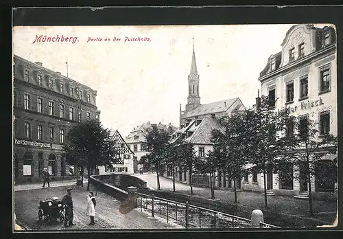 AK Münchberg, Strassenpartie an der Pulslchnitz und Bankgeschäft Karl Schmid