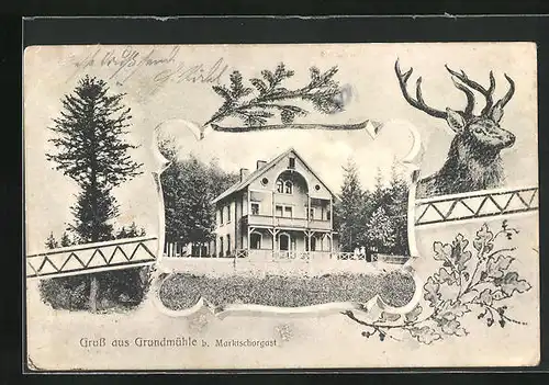 Passepartout-AK Marktschorgast, Waldrestaurant Grundmühle, Gebäudeansicht und Hirsch