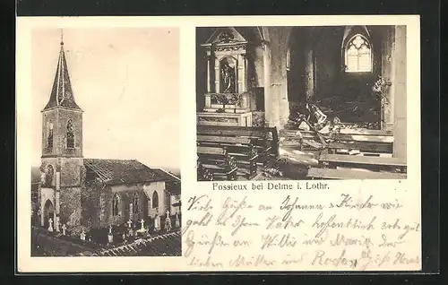 AK Fossieux /Delme, Zerstörte Kirche von Innen und Aussen