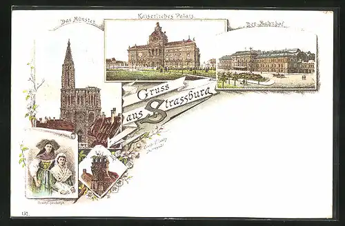 Lithographie Strassburg, Das Münster, Der Bahnhof