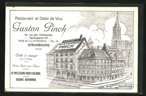 Künstler-AK Strasbourg, Restaurant et Débit de Vins Gaston Pinck, 24 rue des Hallebardes