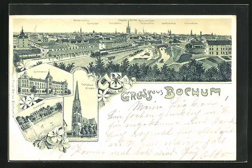 Lithographie Bochum, Christuskirche, Gymnasium, Stadtpark, Totale