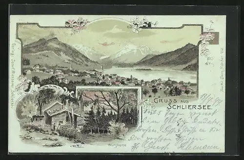 Lithographie Schliersee, Wurzhütte, Totalansicht