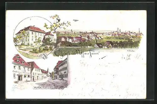 Lithographie Uffenheim, Marktplatz, Schloss, Totalansicht