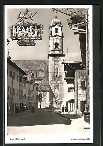 AK Mittenwald, Hotel Post und Gasthof, Strasse im Ort