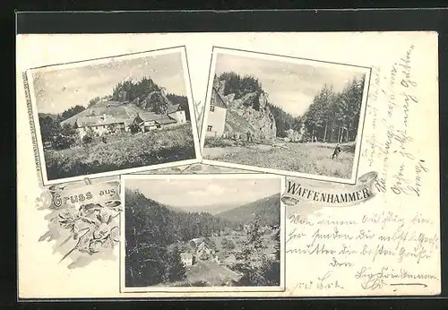 AK Waffenhammer, Kleine Brücke am Bach, Dorfansicht, Waldpartie