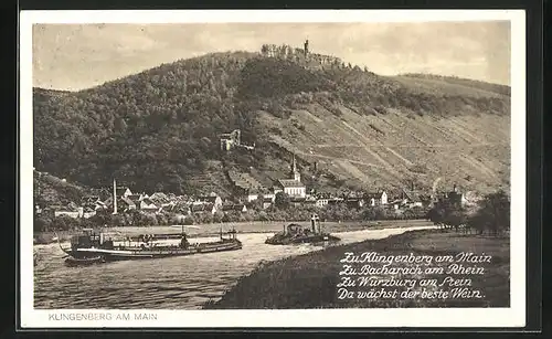 AK Klingenberg a. M., Flusspartie mit Dampfern und Ruine