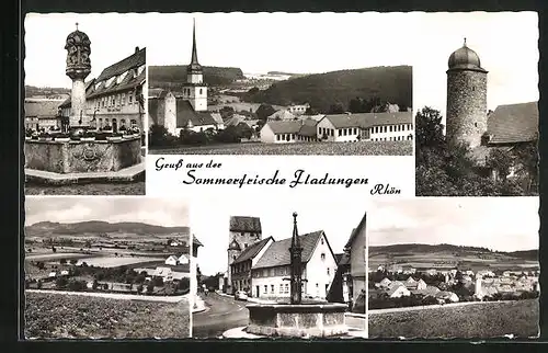 AK Fladungen, Gasthof zum Löwen, Totalansicht, Brunnen am Markt, Kirche