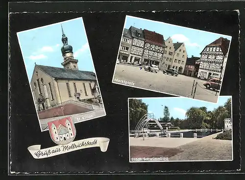 AK Mellrichstadt, St. Kilian, Marktplatz, Städt. Schwimmbad