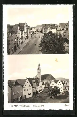 AK Neustadt /Waldnaab, Marktplatz mit Kirche, Strassenpartie mit Gebäudeansicht