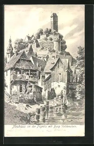 Künstler-AK Neuhaus an der Pegnitz, Uferpartie mit Burg Veldenstein