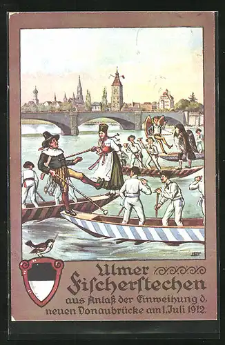 Künstler-AK Ulm, Fischerstechen aus Anlass der Einweihung d. neuen Donaubrücke 1912, Festpostkarte