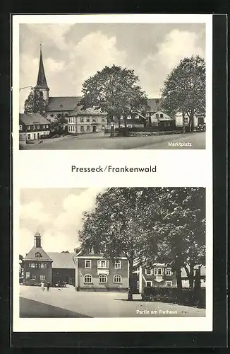 AK Presseck /Frankenwald, Marktplatz mit Kirche, Partie am Rathaus