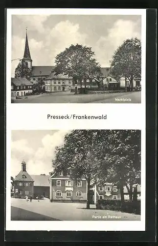AK Presseck /Frankenwald, Marktplatz mit Kirche, Partie mit Rathaus
