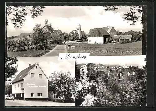 AK Poppberg /Opf. Gasthaus Zur schönen Aussicht, Ruine, Ortspartie