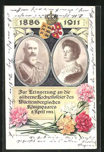 AK Zur Erinnerung an die silberne Hochzeitsfeier des Württembergischen Königspaares, 8. April 1911, Ganzsache