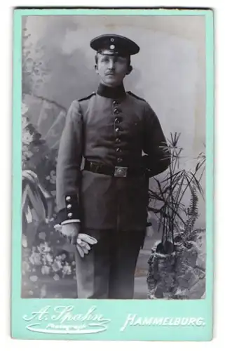 Fotografie A. Spahn, Hammelburg, Soldat in Uniform Rgt. 3 mit Bajonett zwischen Pflanzen stehend