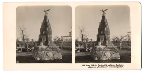 Stereo-Fotografie NPG, Berlin-Steglitz, Kriegerdenkmal für gefallene Deutsche Jäger aus Ausbläsern hergestellt 1914-15