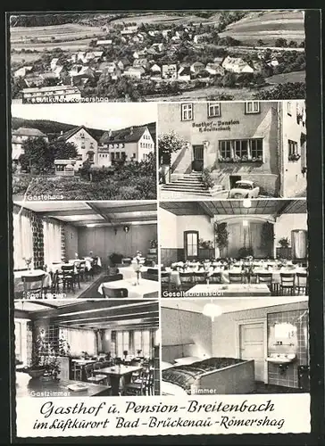 AK Bad Brückenau-Römershag, Gasthof und Pension Breitenbach, Innenansichten, Ortsansicht
