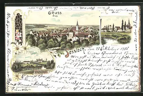 Lithographie Sesslach, Schloss Geyersberg, Mühlgraben, Totalansicht