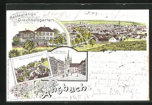 Lithographie Ansbach, Restaurant Drechselgarten, Ob. Markt mit Gumbertuskirche